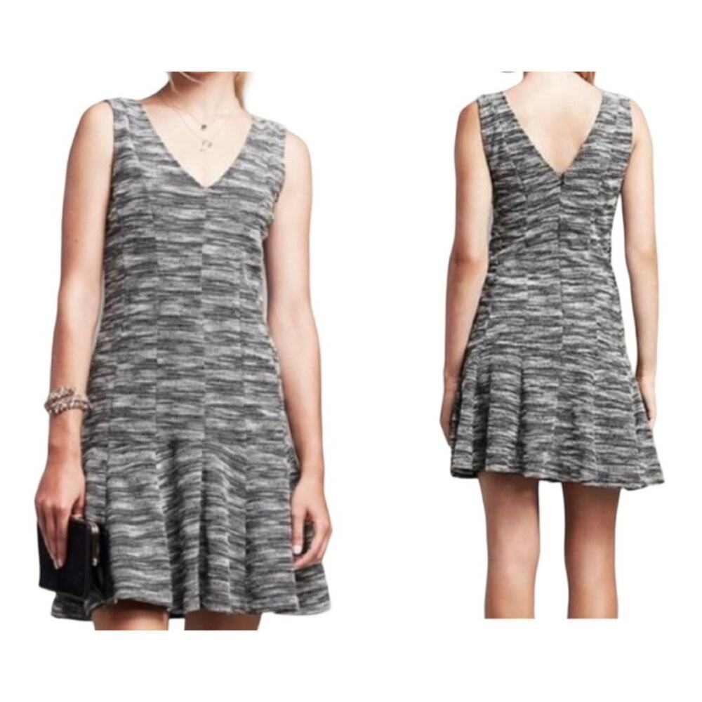 Banana Republic Marled Tweed‎ Fit & Flare Dress Drop Waist Pleated VNeck SZ 4